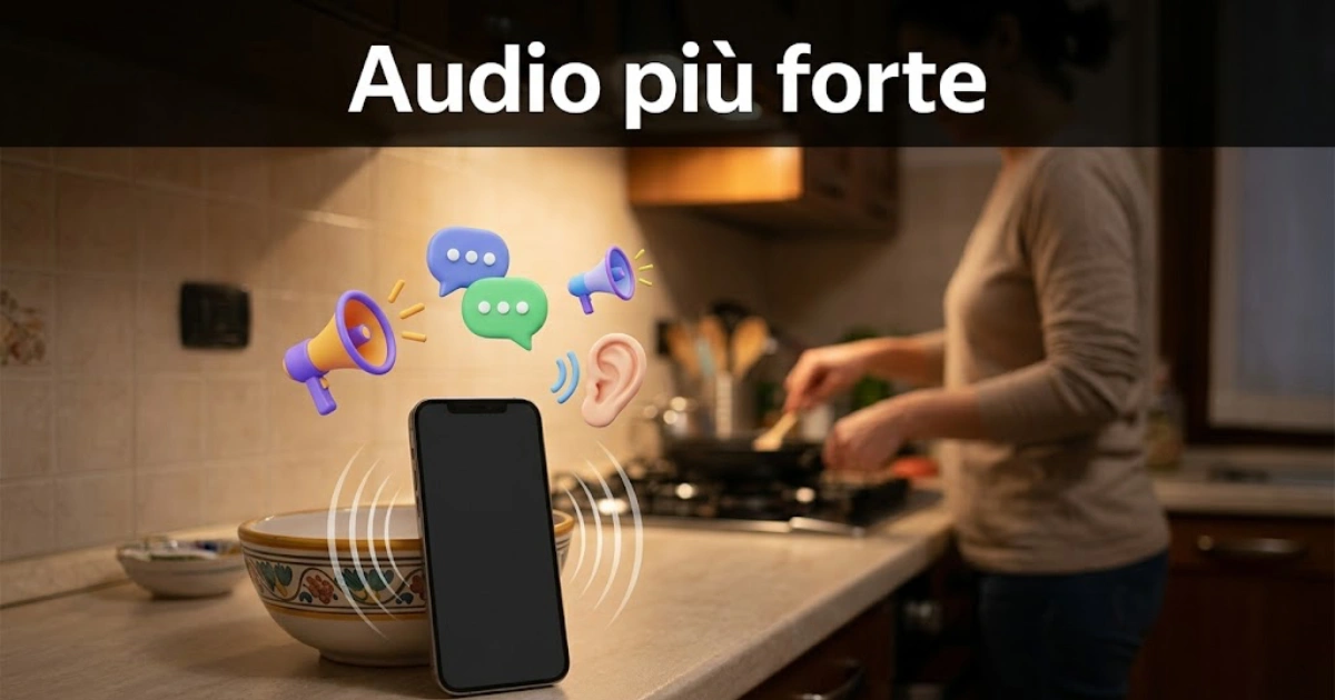 Smartphone apoiado em uma tigela de cerâmica para amplificar o som na bancada de uma cozinha italiana, com ondas sonoras visuais e ícones 3D de áudio flutuantes. Pessoa cozinhando desfocada ao fundo e o título 'Audio più forte' no topo da imagem.