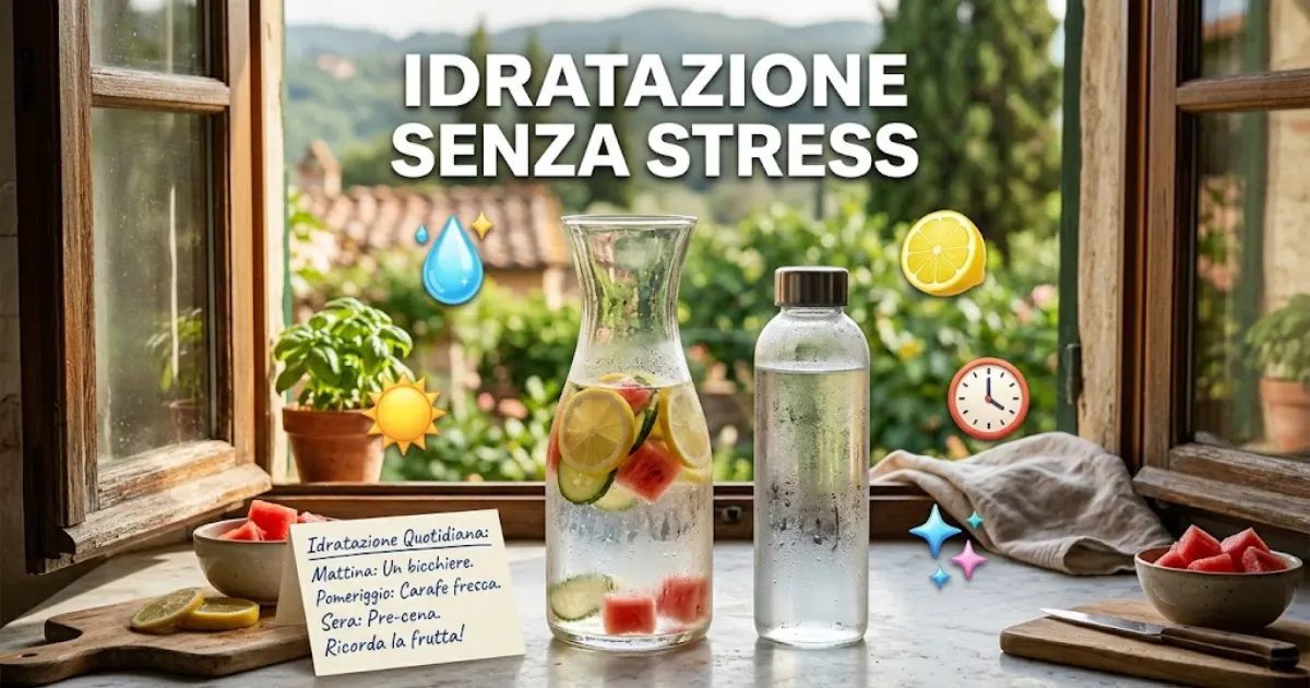 Caraffa di vetro con acqua aromatizzata (limone, cetriolo, anguria) e bottiglia d'acqua riutilizzabile su un piano di lavoro di una cucina estiva. Grafica editoriale sul benessere con il titolo 'Idratazione Senza Stress', un biglietto con la routine quotidiana e icone 3D a tema salute.