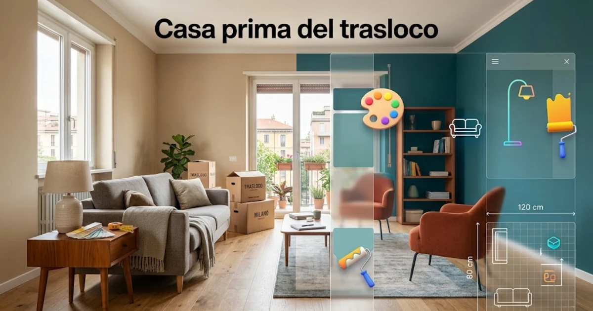 Simulazione in realtà aumentata per l'arredamento di un soggiorno. Metà stanza reale con divano e parquet, metà con progetto digitale 3D, icone e nuovi colori. Testo: Casa prima del trasloco.