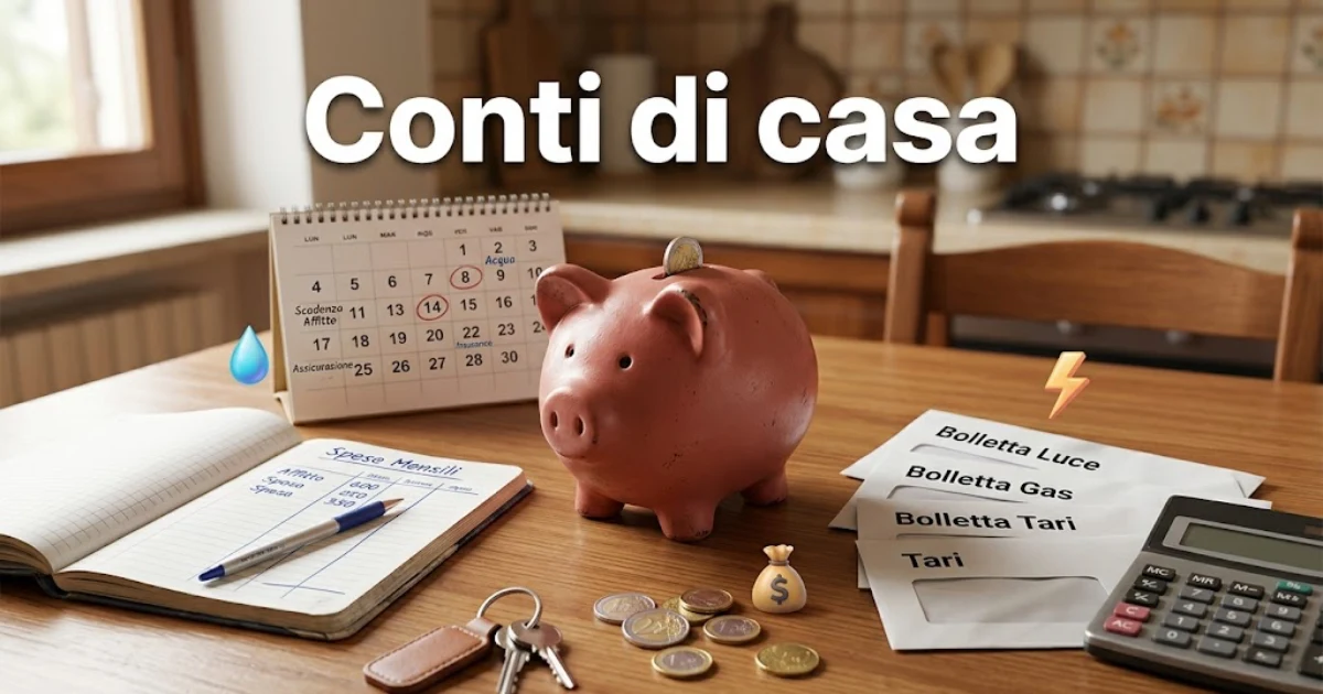 Gestione del bilancio familiare: salvadanaio, bollette, calendario e quaderno delle spese su un tavolo da cucina, con il titolo "Conti di casa".