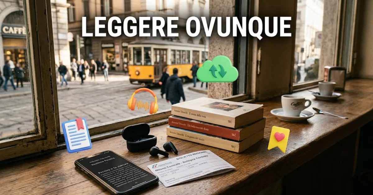 Illustrazione concettuale "Leggere Ovunque" che mostra libri cartacei, uno smartphone con ebook, auricolari wireless e un biglietto del treno su un bancone di un caffè italiano, con icone 3D fluttuanti dedicate alla lettura digitale.