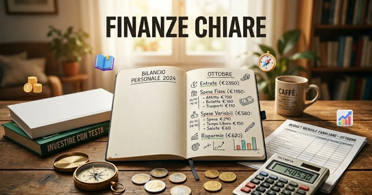 Illustrazione di finanza personale: scrivania con quaderno per il bilancio familiare, calcolatrice, monete, libri di investimento e il titolo Finanze Chiare.