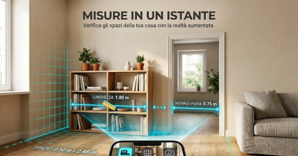 App di misurazione in realtà aumentata (AR) su smartphone che proietta linee guida digitali per calcolare gli spazi di un salotto moderno con scaffale in legno e divano.