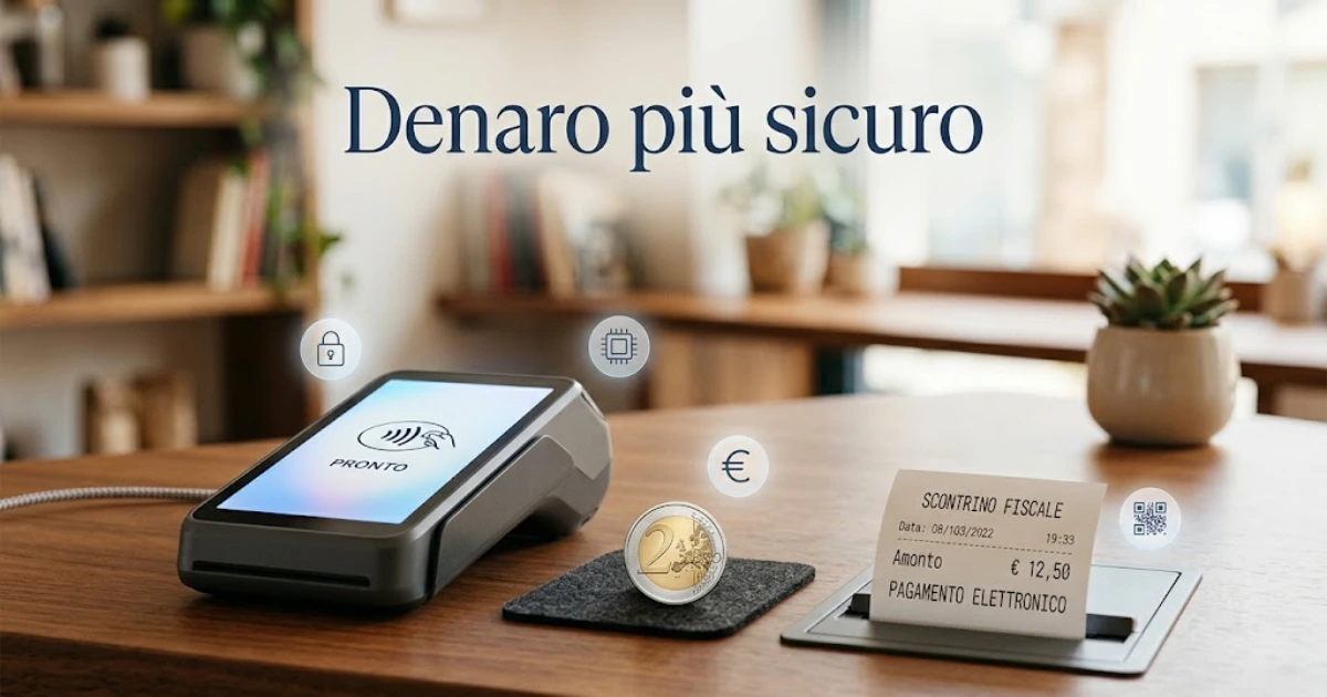 Terminale POS per pagamenti contactless sicuri con moneta in euro, scontrino e icone digitali. Testo: Denaro più sicuro.