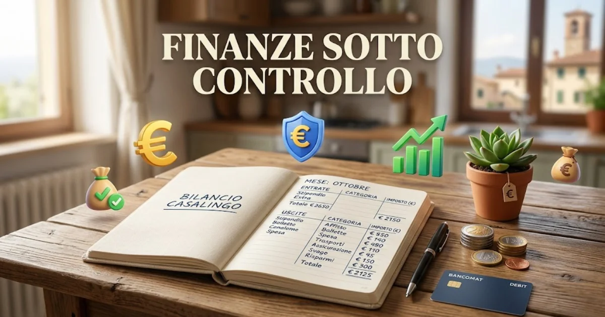 Gestione del bilancio familiare: quaderno con budget mensile, monete in euro, carta bancaria e icone 3D di risparmio su un tavolo di legno. Testo: Finanze Sotto Controllo.