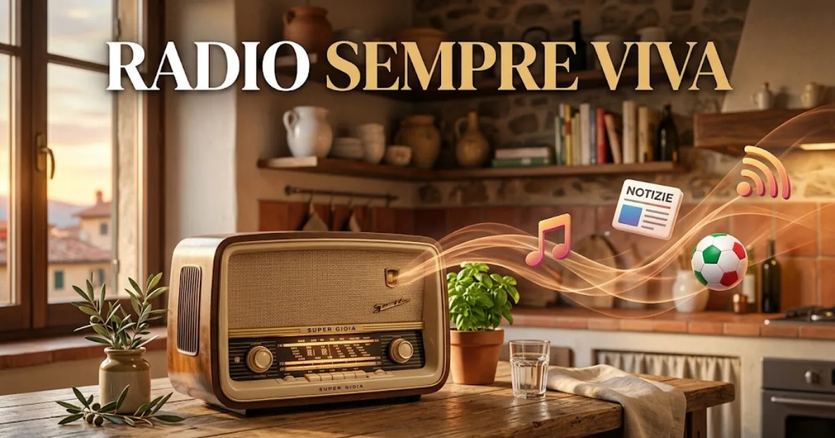 Illustrazione editoriale di una radio vintage su un bancone di legno in un'accogliente cucina italiana al tramonto, con onde sonore e icone 3D di musica, notizie e calcio, sotto il titolo Radio Sempre Viva.