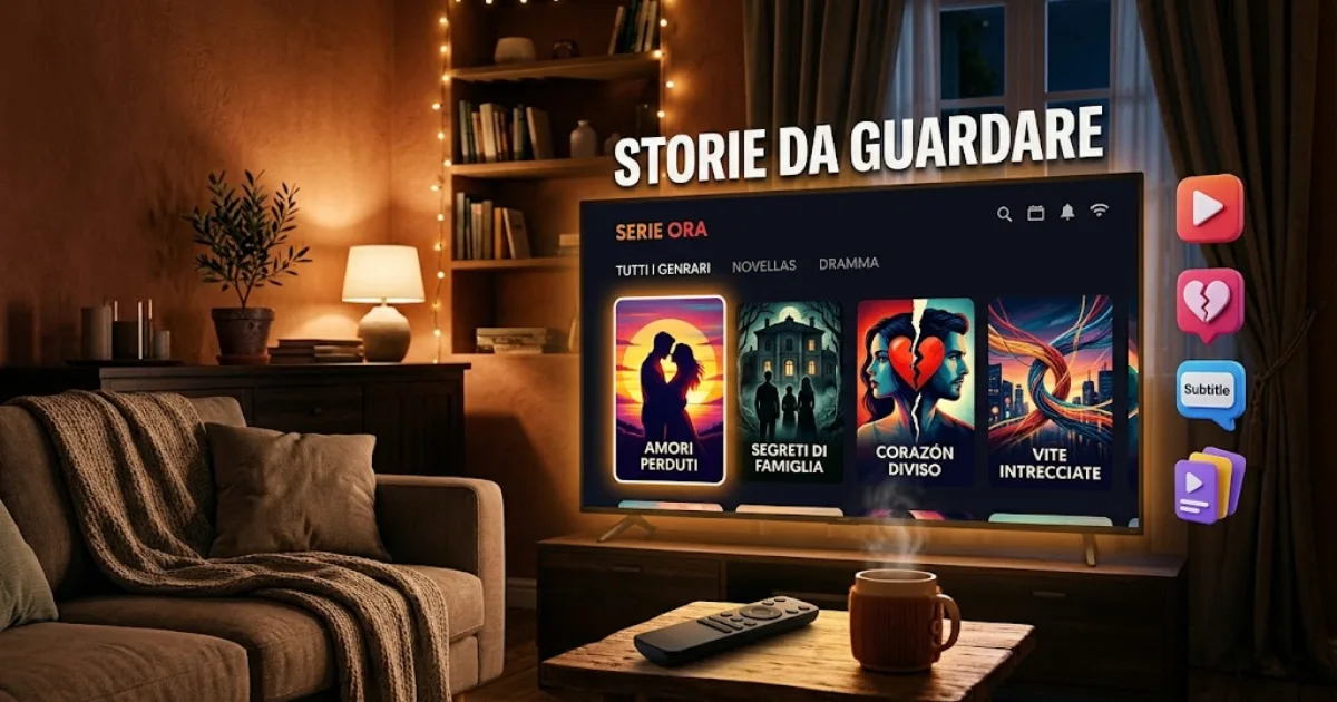 Smart TV in un salotto accogliente con illuminazione serale, che mostra un'interfaccia di streaming per serie TV con il titolo 'Storie da guardare'. In primo piano un tavolino con telecomando, circondato da icone 3D a tema intrattenimento.