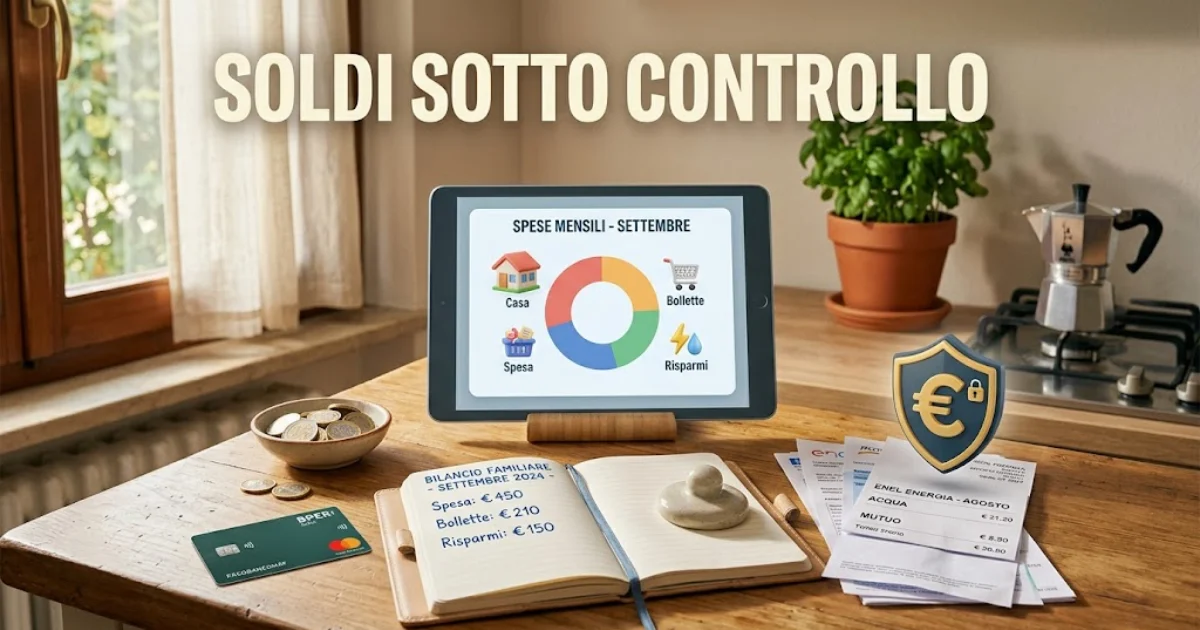 Gestione del bilancio familiare e finanza personale: tavolo da cucina con tablet per il controllo delle spese mensili, quaderno budget, bollette organizzate, monete e uno scudo protettivo 3D. In alto il titolo 'Soldi sotto controllo'.