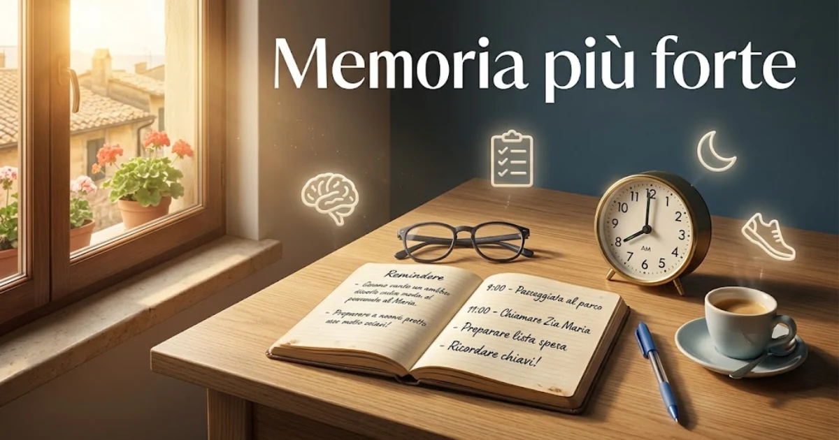 Scrivania in legno organizzata al mattino con quaderno di promemoria, occhiali, orologio e caffè. Include il titolo 'Memoria più forte' e icone fluttuanti sulle sane abitudini quotidiane per la mente.