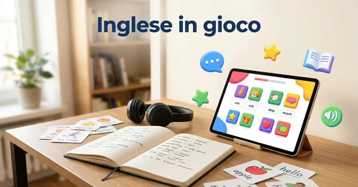 Angolo studio moderno con la scritta 'Inglese in gioco'. Sulla scrivania un tablet con un'app per imparare l'inglese, un quaderno aperto, flashcard e cuffie, circondati da icone 3D educative.