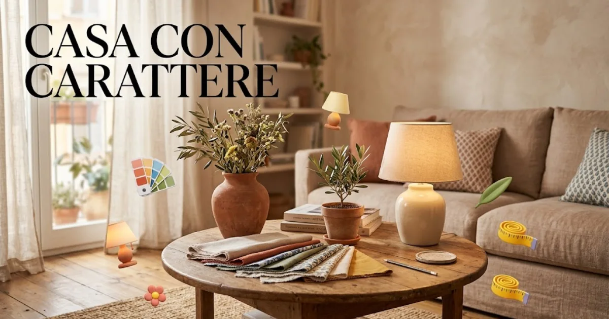 Illustrazione editoriale di interior design: accogliente salotto italiano con tavolino rustico in legno, vaso in terracotta, campioni di tessuto per arredamento, piccola pianta e lampada da tavolo. Sullo sfondo un divano sfocato dai caldi toni mediterranei. In alto a sinistra il titolo 'CASA CON CARATTERE', arricchito da icone 3D fluttuanti a tema progettazione d'interni.