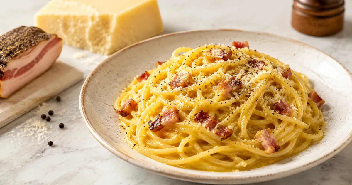 Spaghetti alla carbonara originale romana con guanciale croccante, Pecorino Romano e pepe nero, serviti cremosi su un piatto chiaro.
