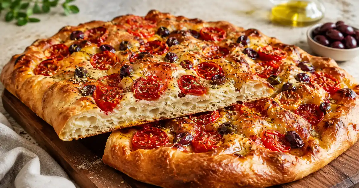 Focaccia barese croccante con pomodorini, olive e origano, dorata fuori e soffice all’interno.