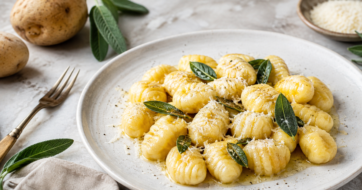 Gnocchi di patate morbidi fatti in casa con burro, salvia e Parmigiano, serviti su un piatto rustico con patate fresche sullo sfondo.