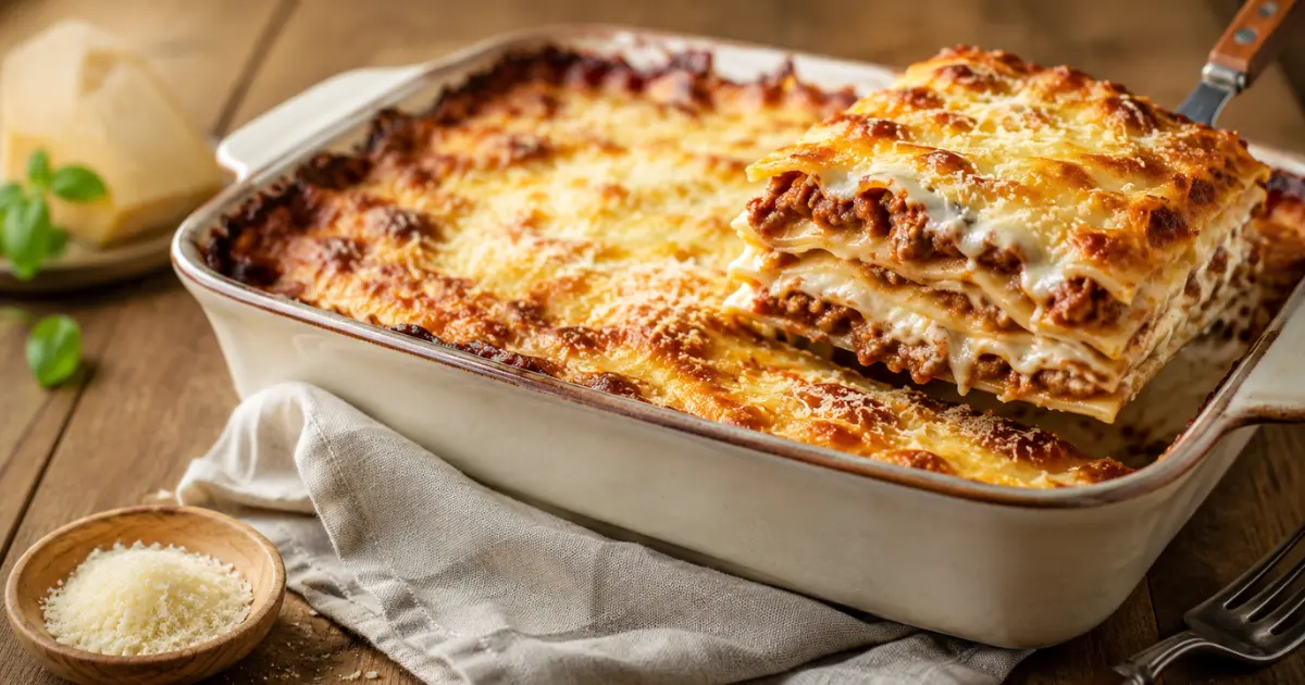 Lasagne al forno classiche con ragù alla bolognese, besciamella e Parmigiano, servite calde con superficie dorata e gratinata.