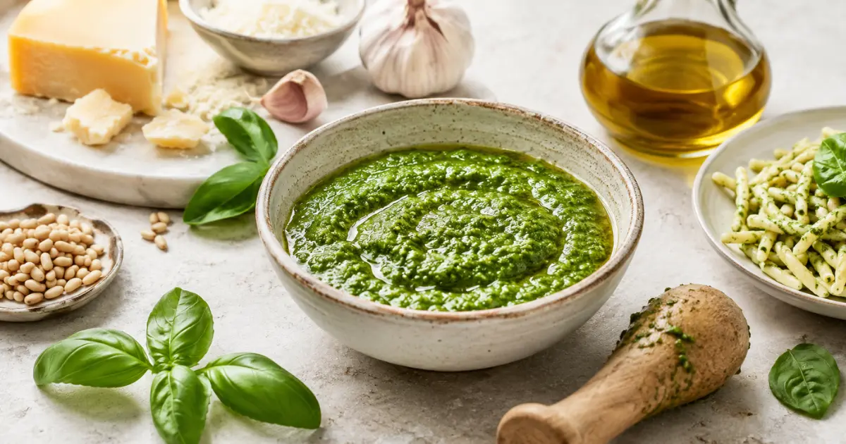 Pesto alla genovese fatto in casa cremoso con basilico fresco, pinoli, Parmigiano Reggiano, aglio e olio extravergine di oliva.