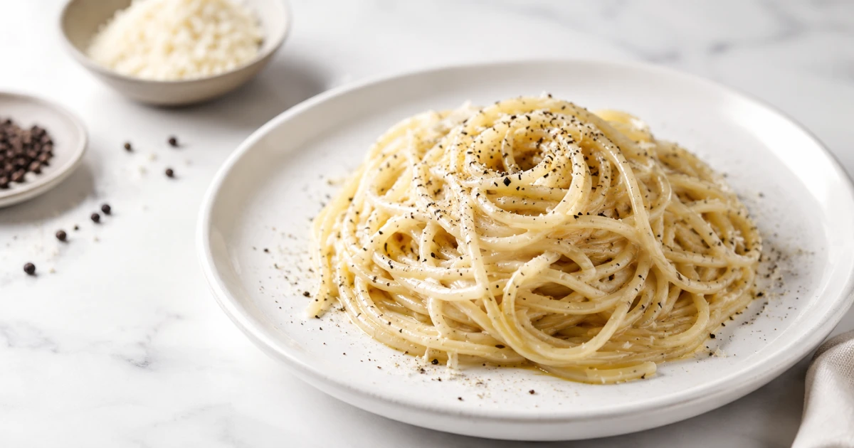 Spaghetti cacio e pepe cremosi con Pecorino Romano e pepe nero, serviti su piatto bianco in stile cucina italiana.