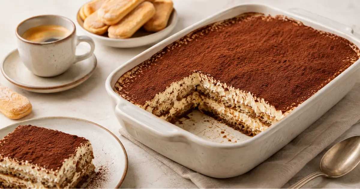 Tiramisù ricetta originale con mascarpone, savoiardi, caffè e cacao amaro, servito in teglia con una fetta pronta da gustare.