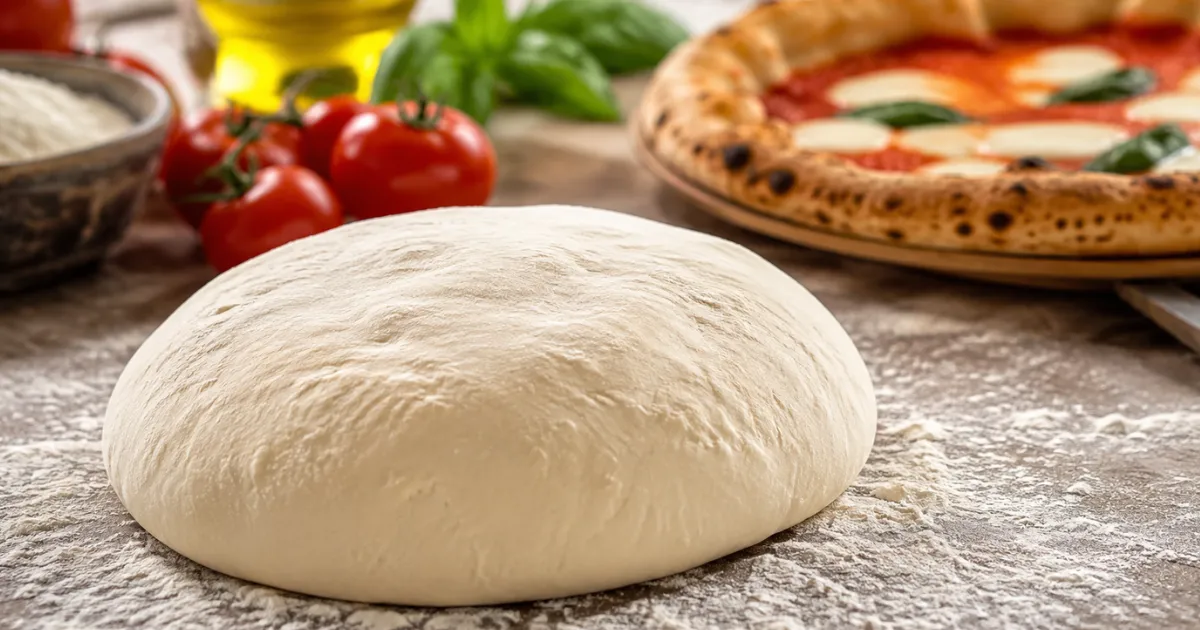 Impasto pizza napoletana lievitato su piano infarinato con pomodori, basilico e pizza napoletana appena cotta sullo sfondo.
