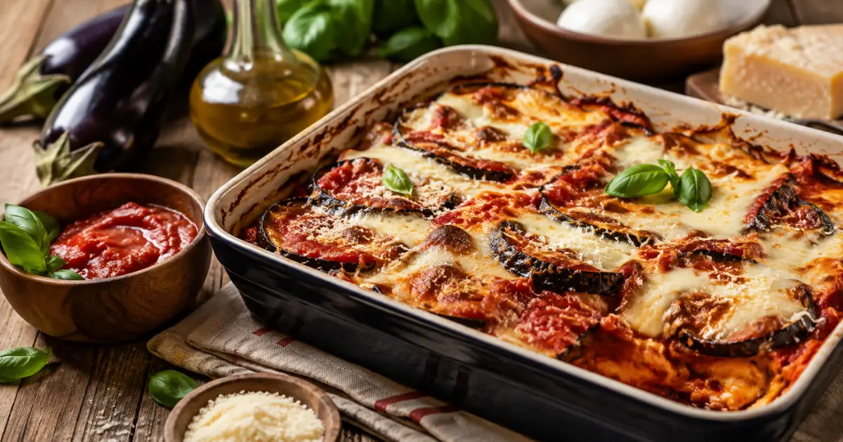Melanzane alla parmigiana al forno con salsa di pomodoro, mozzarella filante, Parmigiano Reggiano e basilico fresco.