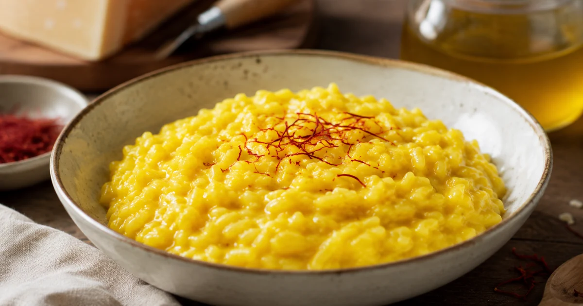 Risotto allo zafferano milanese cremoso con pistilli di zafferano, servito in un piatto rustico con Parmigiano e olio sullo sfondo.