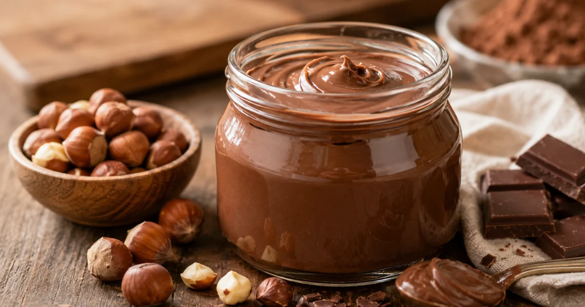 Crema spalmabile di Nutella fatta in casa con nocciole tostate, cioccolato e cacao, servita in un barattolo di vetro su un tavolo rustico.