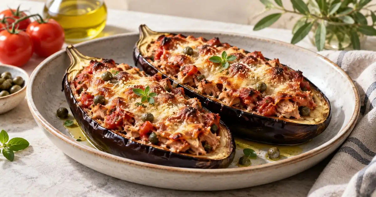 Melanzane alla mediterranea ripiene con tonno, scamorza affumicata, capperi e salsa di pomodoro