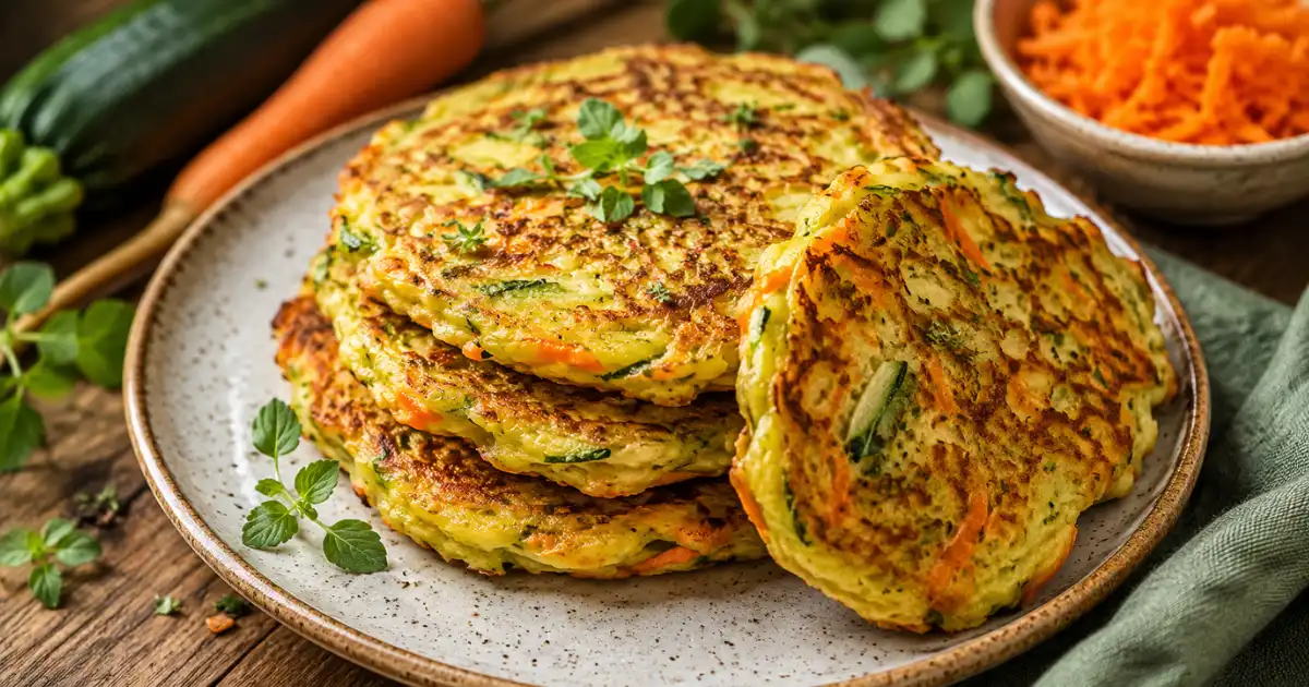 Pancake salato con zucchine e carote dorato in padella, servito su un piatto con verdure fresche ed erbe aromatiche.